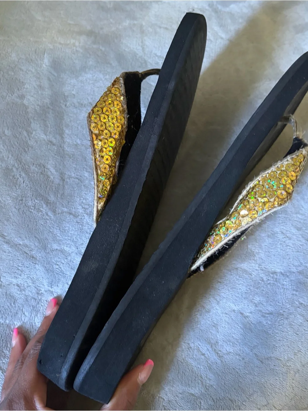 Yellow Box Black Sandals with Gold Sequin Straps - Picture 3 of 5